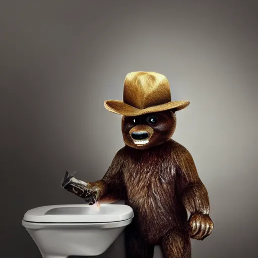 Image similar to UHD candid photo of Smokey The Bear in the lavatory sitting on a porcelain throne, playing with fire, by Annie leibowitz, photorealisitc, extremely detailed