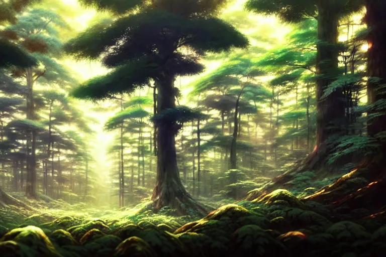 Image similar to painting of a forest by katsuhiro otomo, yoshitaka amano, nico tanigawa, artgerm, greg rutkowski makoto shinkai takashi takeuchi studio ghibli, akihiko yoshida rendered with intense 3 d effect