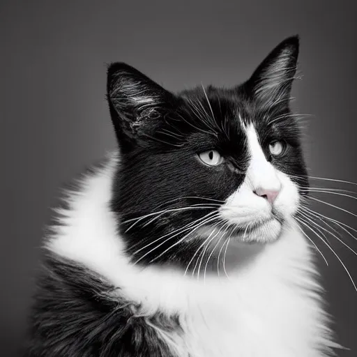 Image similar to fluffy black and white cat portrait, aesthetic highly detailed soft fur and paws, professionally shot photorealistic 8k photograph, 35mm Canon EOS R3, rendered in octane, by Natalie Große and Jason Allison