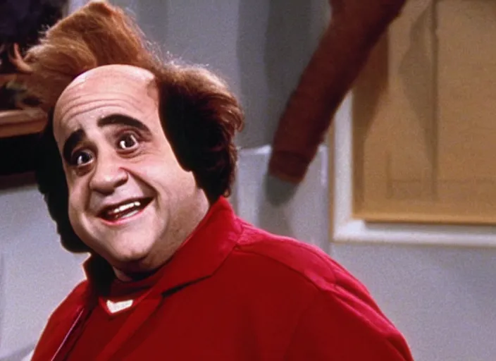 Prompt: broadcast still of danny devito as mork from mork and mindy tv show