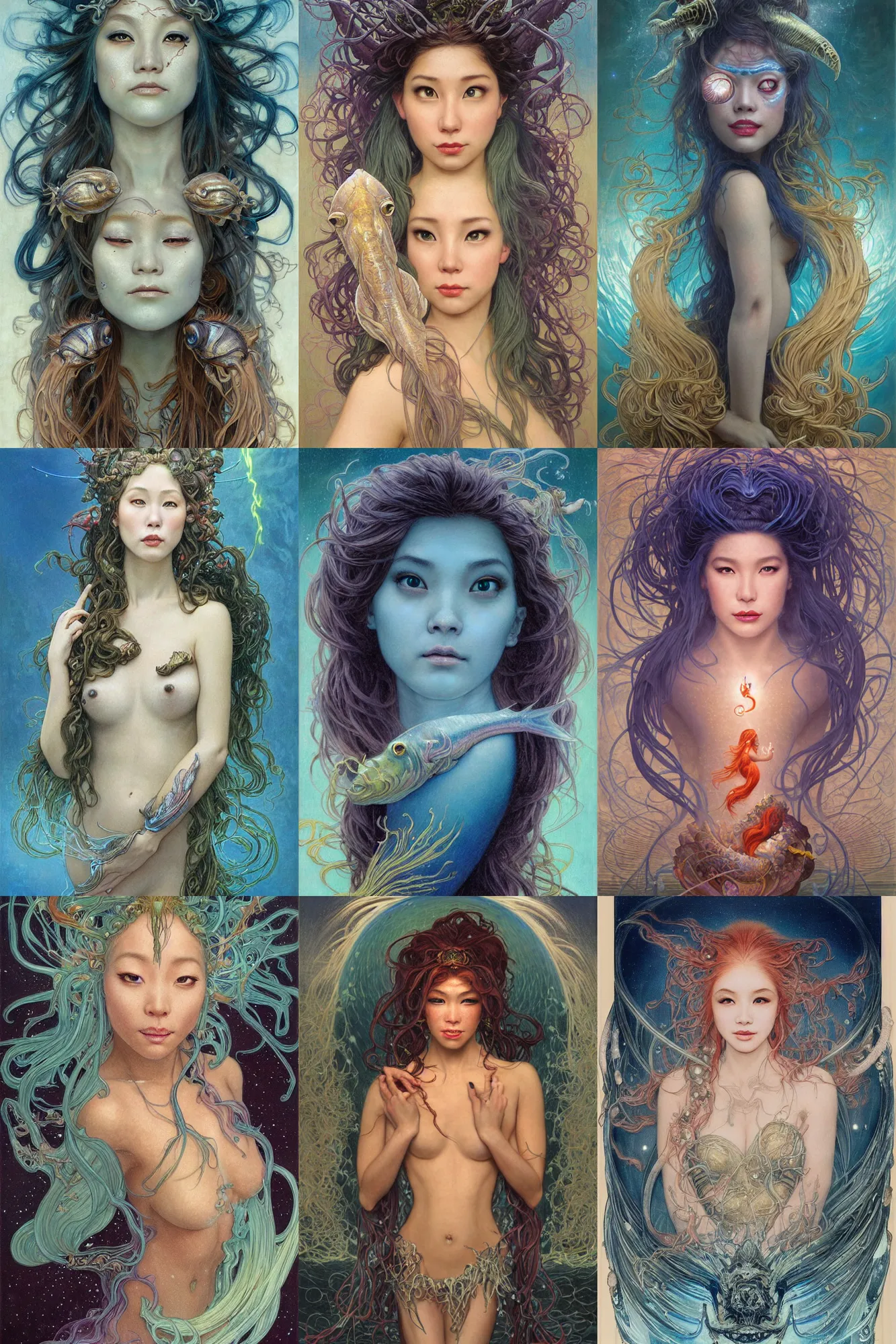 Prompt: stunning, breathtaking, awe-inspiring award-winning realistic concept art face portrait painting of anglerfish mermaid Ashley Liao as a goddess of lasers in the deep sea, sparks, by Julie Bell, Jean Delville, Virgil Finlay, Alphonse Mucha, Ayami Kojima, Amano, Charlie Bowater, Karol Bak, Greg Hildebrandt, Jean Delville, Frank Frazetta, Peter Kemp, and Pierre Puvis de Chavannesa, Art Nouveau, Neo-Gothic, gothic, rich deep colors, cyberpunk, extremely moody lighting, glowing light and shadow, atmospheric, shadowy, cinematic, 8K