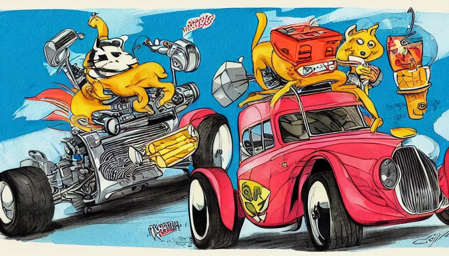 Image similar to funny, comic book style, racoon riding in a tiny hot rod coupe with oversized engine, ratfink style by ed roth, centered award winning watercolor pen illustration, by chihiro iwasaki, edited by range murata