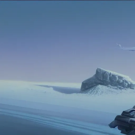 Image similar to Frozen frontiers on an alien planet, floating mountains above clouds in the background, vanishing perspective of a road, ravine, Syd Mead, John Harris, Federico Pelat,