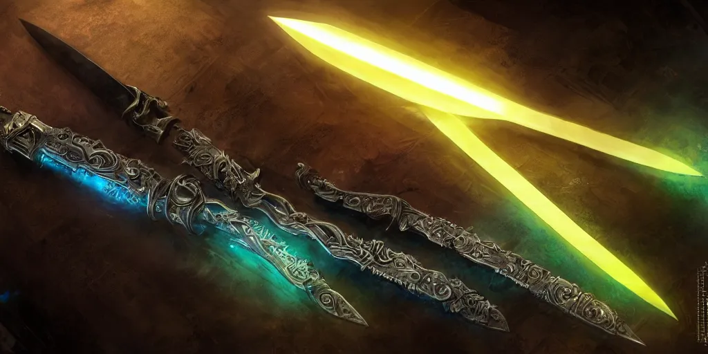 Image similar to legendary cybernetic sword lying flat on a glowing table with a long sharp black and iridescent sword blade, digital award winning hd matte painting, intimate dark moody, intricate, ornate spikes, colorful hilt, detailed realistic, raytraced blade, colored gems, future golden technological pommel, in the style of greg rutkowski and krenz cushart, deviantart
