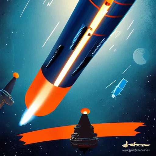 Image similar to Blue V2 rocket in space, tin tin, planet in the style of orange company, intricate, SCI-Fi, movie poster, high detail, digital art by raphael lacoste