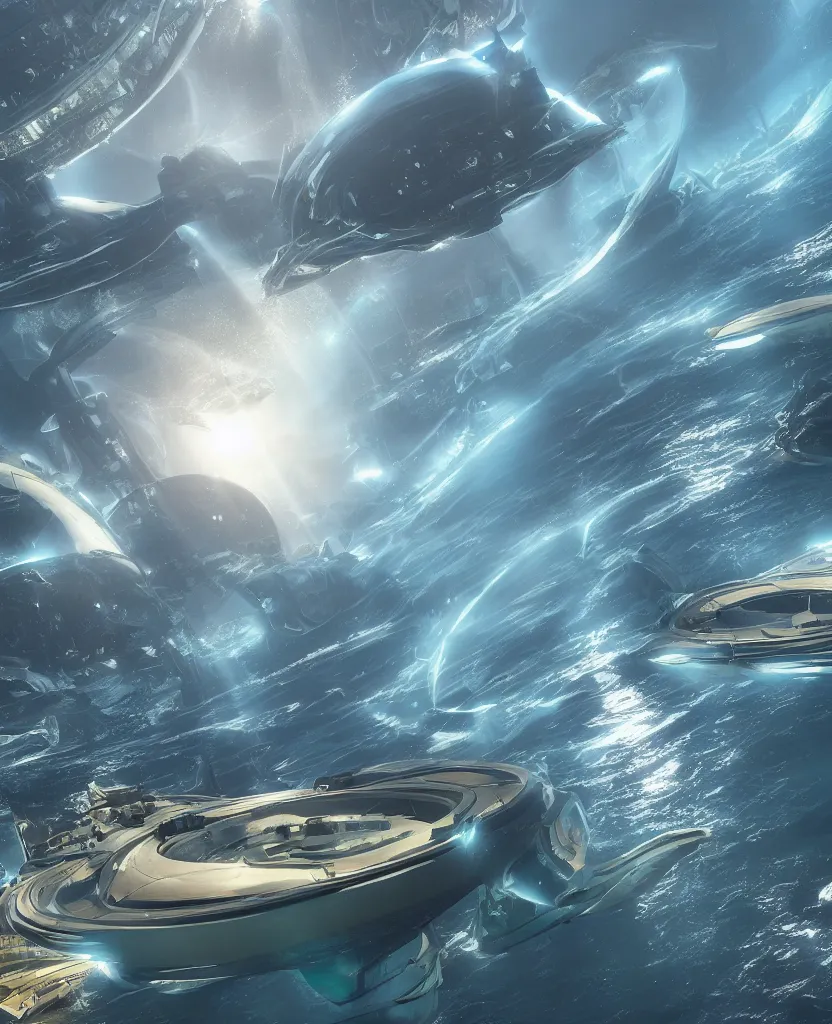 Image similar to crescent shaped pelagic city floating on the water, fusion of subnautica and star trek, aquaculture farms in the water around, boats of different sizes, in the style of john eaves ron walotsky ralph mcquarrie, soft natural volumetric lighting, realistic 4 k unreal engine 5 beautifully detailed render, 4 k post processing, trending on artstation