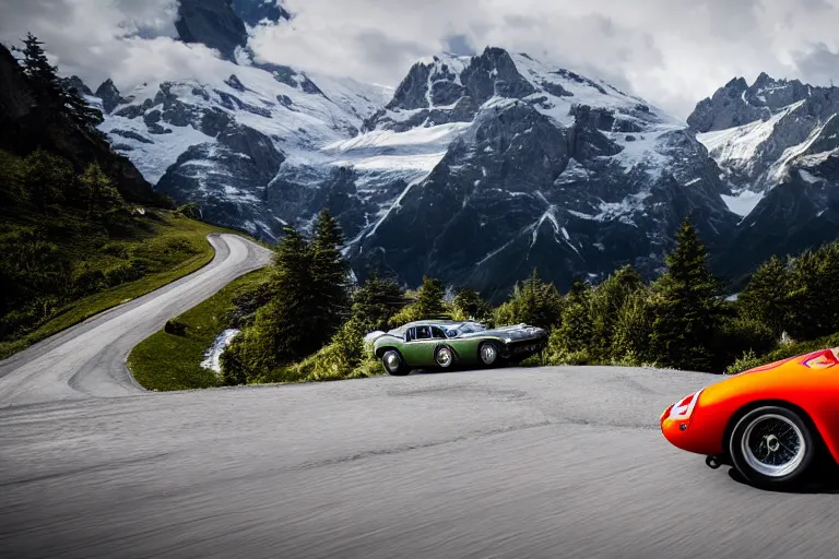 Image similar to car photography of Ferrari 250 GTO series 2 in the Swiss Alps by Emmanuel Lubezki