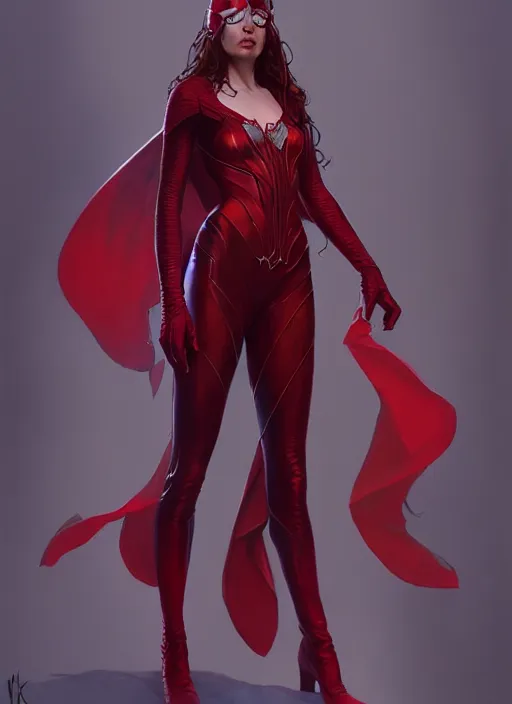 Image similar to Scarlet Witch, portrait, full body, hyper detailed, digital art, trending in artstation, cinematic lighting, studio quality, smooth render, unreal engine 5 rendered, octane rendered, art style by klimt and nixeu and ian sprigger and wlop and krenz cushart