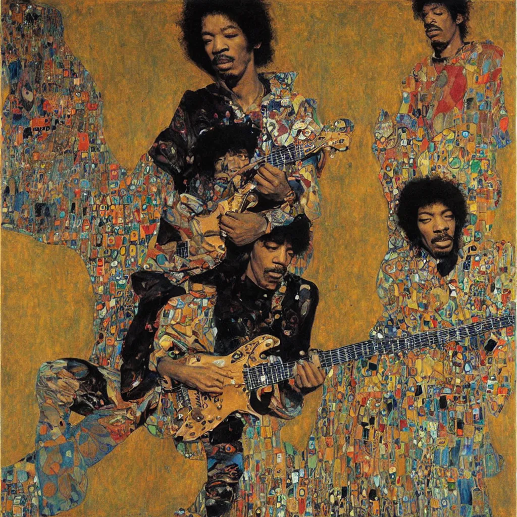 Prompt: Jimy Hendrix playing by Kent Williams and Gustav Klimt