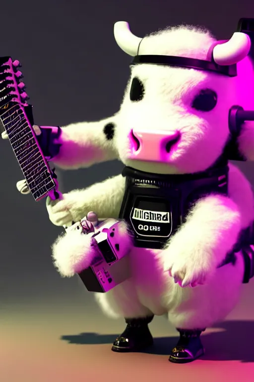 Prompt: high quality 3 d render very cute fluffy! cyborg cow plays guitar, cyberpunk highly detailed, unreal engine cinematic smooth, in the style of blade runner & detective pikachu, hannah yata charlie immer, moody light, low angle, uhd 8 k, sharp focus