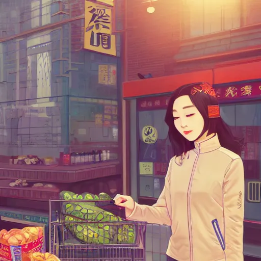 Image similar to a beautiful chinese woman in a down jacket with a grocery store in the background ambient lighting, 4 k, lois van baarle, ilya kuvshinov, rossdraws, alphonse mucha, jung gi kim, artstation