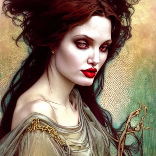 Prompt: realistic detailed face portrait of young Angelina Jolie as a beautiful ethereal Gothic Vampire Queen by Alphonse Mucha, Ayami Kojima, Amano, Charlie Bowater, Karol Bak, Greg Hildebrandt, Jean Delville, and Mark Brooks, Art Nouveau, Neo-Gothic, Surreality, gothic, rich deep moody colors