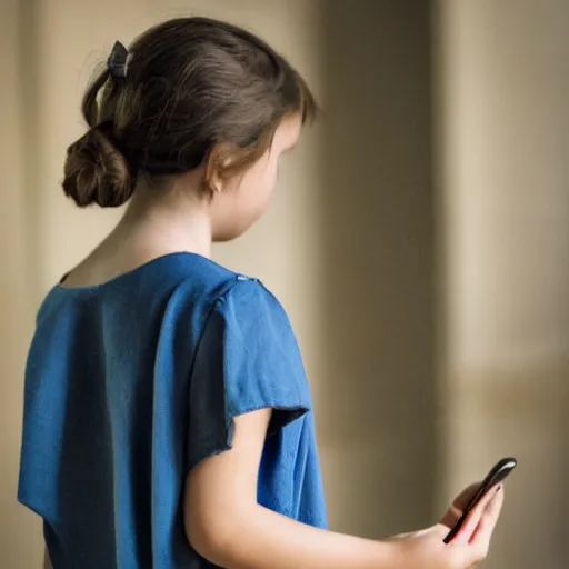 Image similar to a roman painting of a girl playing on her phone, 5 0 mm lens, f 1. 4, sharp focus, ethereal, emotionally evoking, head in focus, volumetric lighting, 8 k