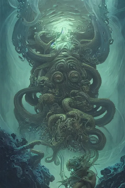 Prompt: Cthulhu in deep sea with deep ones, COC, fantasy, intricate, highly detailed, digital painting, artstation, concept art, smooth, sharp focus, illustration, art by artgerm and greg rutkowski and alphonse mucha