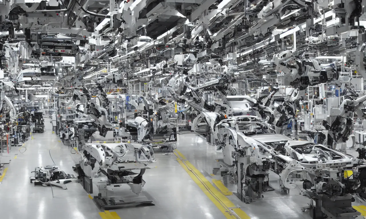 Prompt: car production line with robotic arms welding, big hall, white, bright, technology, modern, straight on, straight camera view