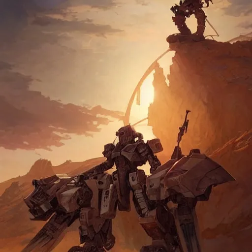 Image similar to wow! fanart mechwarrior in devasted desert, d & d, high fantasy, detailed, digital art, artstation, smooth, sharp focus, art by artgerm, greg rutkowski, alphonse mucha