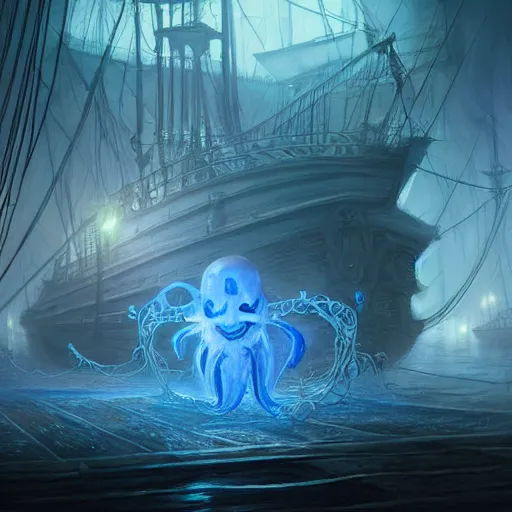 Prompt: D&D fantasy blue ghost spirits floating on a ship lower deck, intricate, elegant, highly detailed, D&D, digital painting, artstation, concept art, matte painting, sharp focus, illustration, glowing light and shadow, atmospheric, shadowy, cinematic, in the style of Greg Rutkowski