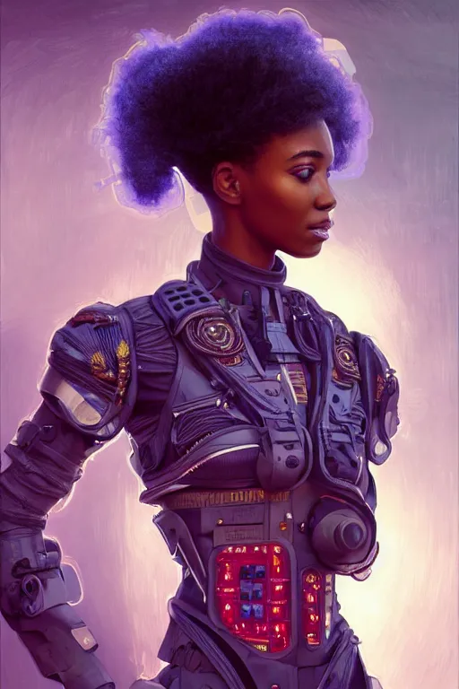 Image similar to portrait futuristic beautiful african Airforce armored pilot Girl, Afro hair, at inside of future fighter aircraft, ssci-fi, fantasy, intricate, very very beautiful, elegant, human anatomy, neon light, highly detailed, digital painting, artstation, concept art, soft light, smooth, sharp focus, illustration, art by tian zi and WLOP and alphonse mucha