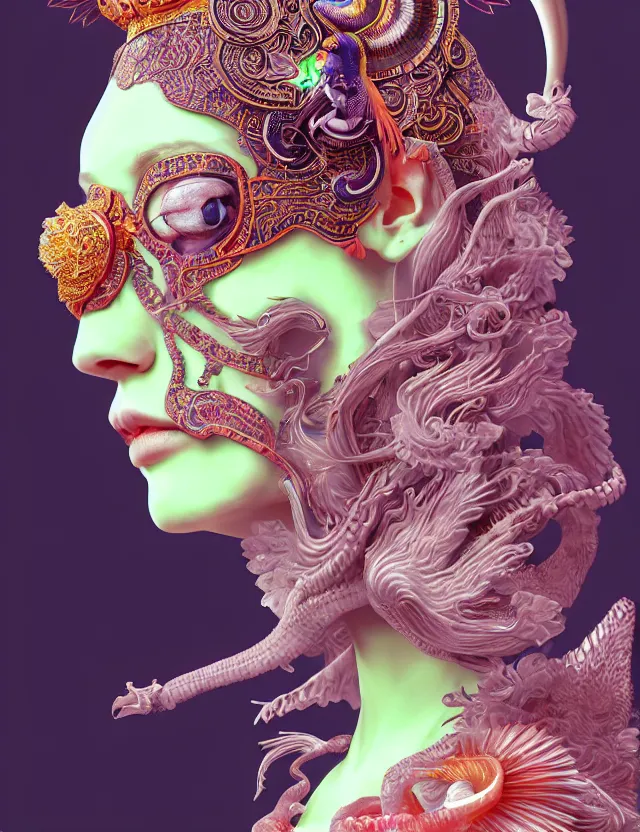 Prompt: 3 d goddess close - up profile portrait with crown, ram skull. beautiful intricately detailed neon japanese crow kitsune mask and clasical japanese kimono. betta fish, jellyfish phoenix, bio luminescent, plasma, ice, water, wind, creature, artwork by tooth wu and wlop and beeple and greg rutkowski