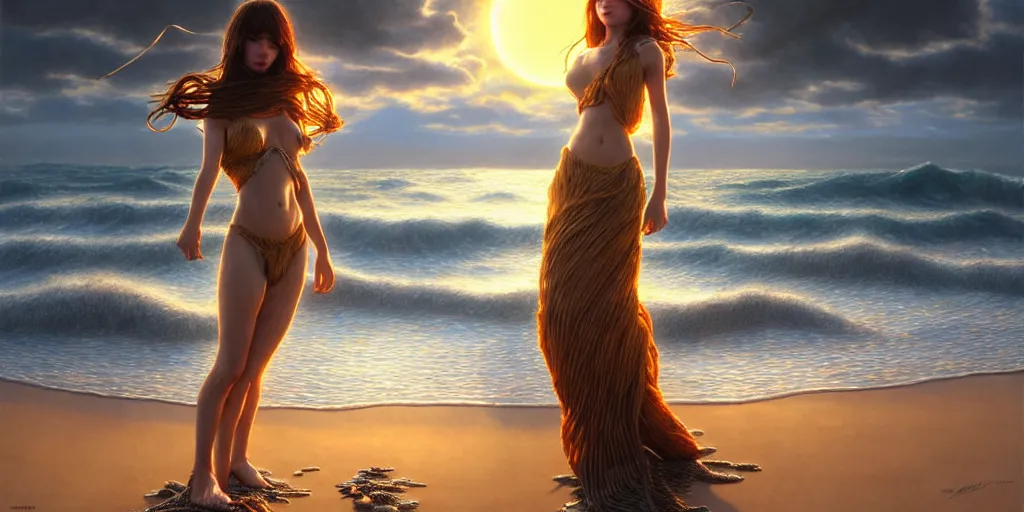 Prompt: ! dream photorealistic long shot of big sun rough sea and jagged rocks nets, plastic bottles, garbage, sand and sea, golden hour, dark beautiful goddess on the beach, fantasy, atmospheric, hyper realistic, artstation, art by artgerm and sangsoo jeong and john william waterhouse