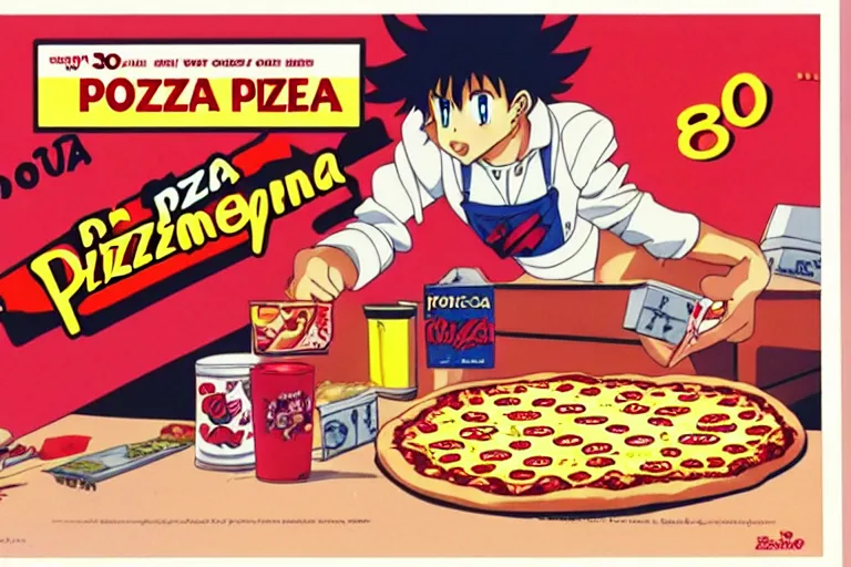 Prompt: pizza, 80s, advertisement, anime, anime, anime, anime, explosion