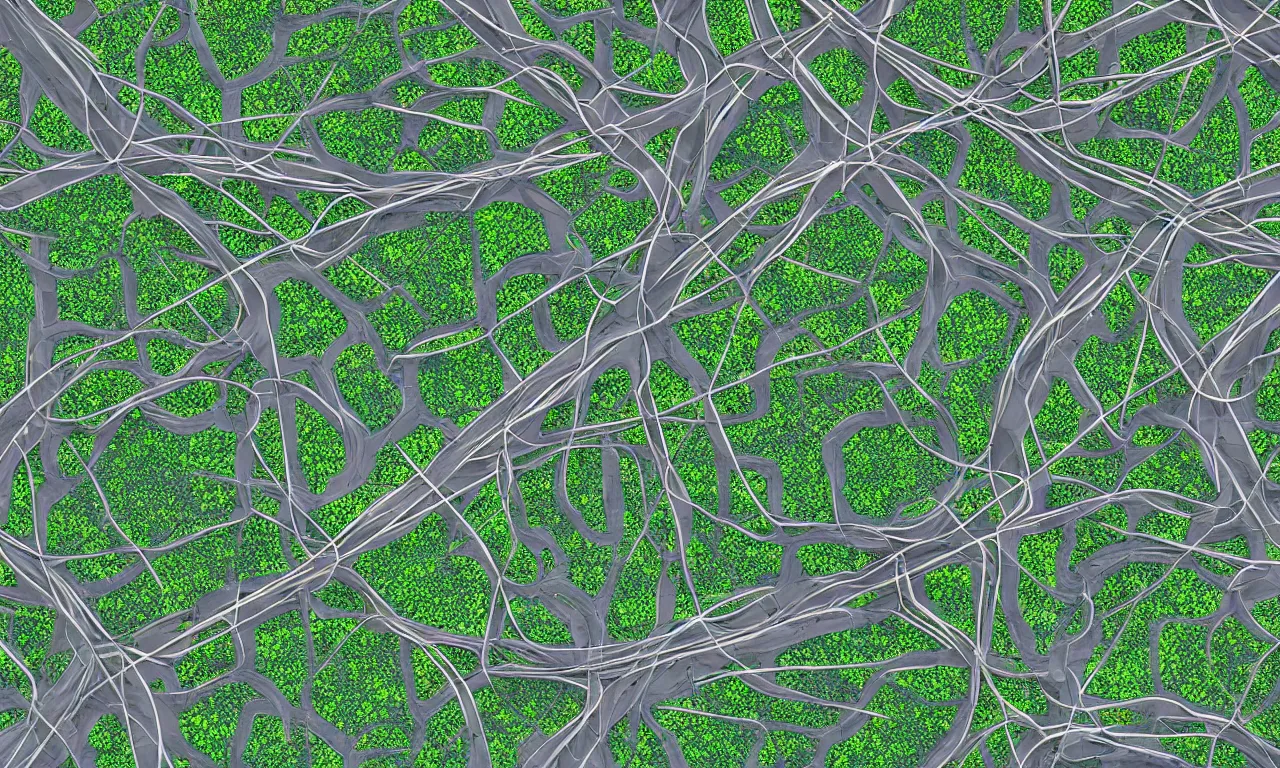 Prompt: cubes on the roads of forested blobs interconnected by high speed rails, digital art, 3 d, illustration