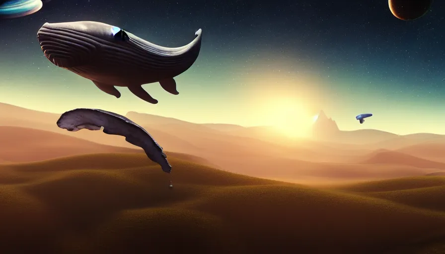 Image similar to highly detailed cinematic scifi render of a flying whale over the tuscany skies, cypresses and hills, stars and planets, hyper detailed, digital art, cinematic lighting, studio quality, smooth render, unreal engine 5, octane render, trending on artstaion.