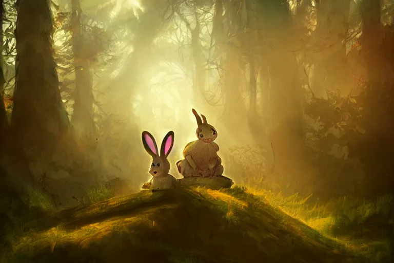 Image similar to portrait of an ashigaru bunny, sunset, ominous shadows through the forest, he has a pike, studio ghibli, the bunny is in a forest valley by brian froud and jessica rossier