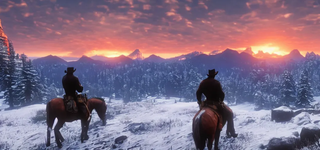 Image similar to Arthur Morgan from Red Dead Redemption 2 sitting at the top of a rocky mountain looking at a beautiful sunrise in the distance