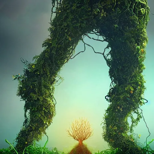 Prompt: giant humanoid Mother Nature made of vines and leaves and a crown made of flowers towering over a tropical island, Dramatic Lighting, Trending on Artstation HQ, 4K, UHD.