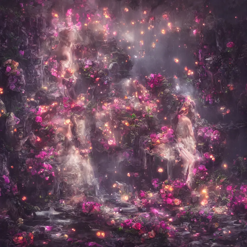 Image similar to oil painting, rich deep colors masterpiece, gray, pink, ultra detailed, beautiful fantasy cave scene, contrast, firefly lights, neon drops and water jets, rocks, redheaded flower girl and dress made of fresh flowers, roses, lilies, volumetric light, neon signs, atmospheric lighting, dramatic, cinematic, steampunk, moody, octane render 4 k, 8 k
