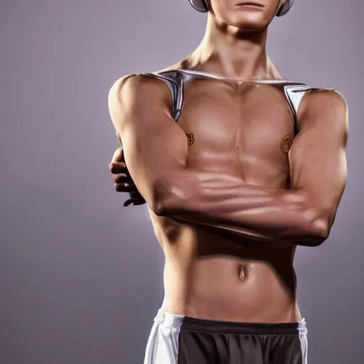 Image similar to a realistic detailed photo of a guy who is an attractive humanoid who is half robot and half humanoid, who is a male android, soccer player martin ødegaard, shiny skin, posing like a statue, blank stare, in a living room, on display, showing off his muscles