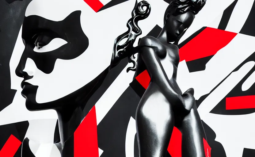 Prompt: billboard advertisement of extremely beautiful female black marble statue in the style of virgil abloh, colorful motocross logos behind her, sharp focus, clear, detailed,, cinematic, detailed, off white, glamourous, symmetrical, vogue, editorial, fashion, magazine shoot, glossy