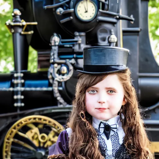 Prompt: a portrait of a beautiful steampunk girl child with long hair wearing a top hat and long sleeve black victorian clothes, by a steam engine train, taken with Sony a7R camera, EOS-1D, f/1.4, ISO 200, 1/160s, 8K, RAW, unedited, symmetrical balance, in-frame