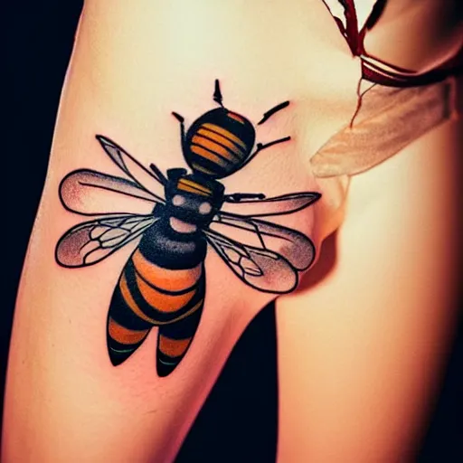 Image similar to a detailed tattoo of large fork in the style of bee movie on a female leg, wearing cute crimson - black bee - themed miniskirt, cinematic seductive lighting, beautiful composition