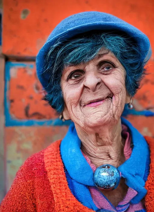 Image similar to Mid-shot portrait of a 65-year-old woman from Cyprus, happy, strong blue and orange colors, candid street portrait in the style of Martin Schoeller award winning, Sony a7R