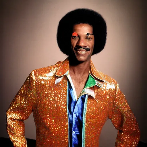 Image similar to funkiest grooviest man in the world, 70s disco jacket, photograph portrait