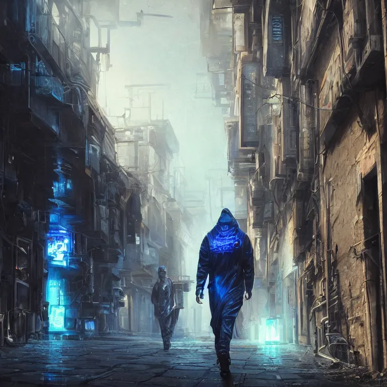 Prompt: hyperrealistic and beautiful painting of a shrouded man walking through the alley way of a grand city, classical architecture, man dressed in tech wear, technological lights, vehicles, robotics, cyberpunk style, 8 k resolution, by hugh ferris and john smith and noriyoshi ohrai, polished, fine detail, intricate, blue color scheme, concept art, artstation