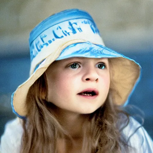 Image similar to candid photo of little girl burning in hell wearing a blue and white fishing hat by Annie Leibowitz, Photorealistic, extremely detailed, UHD, correct faces, hyperrealistic