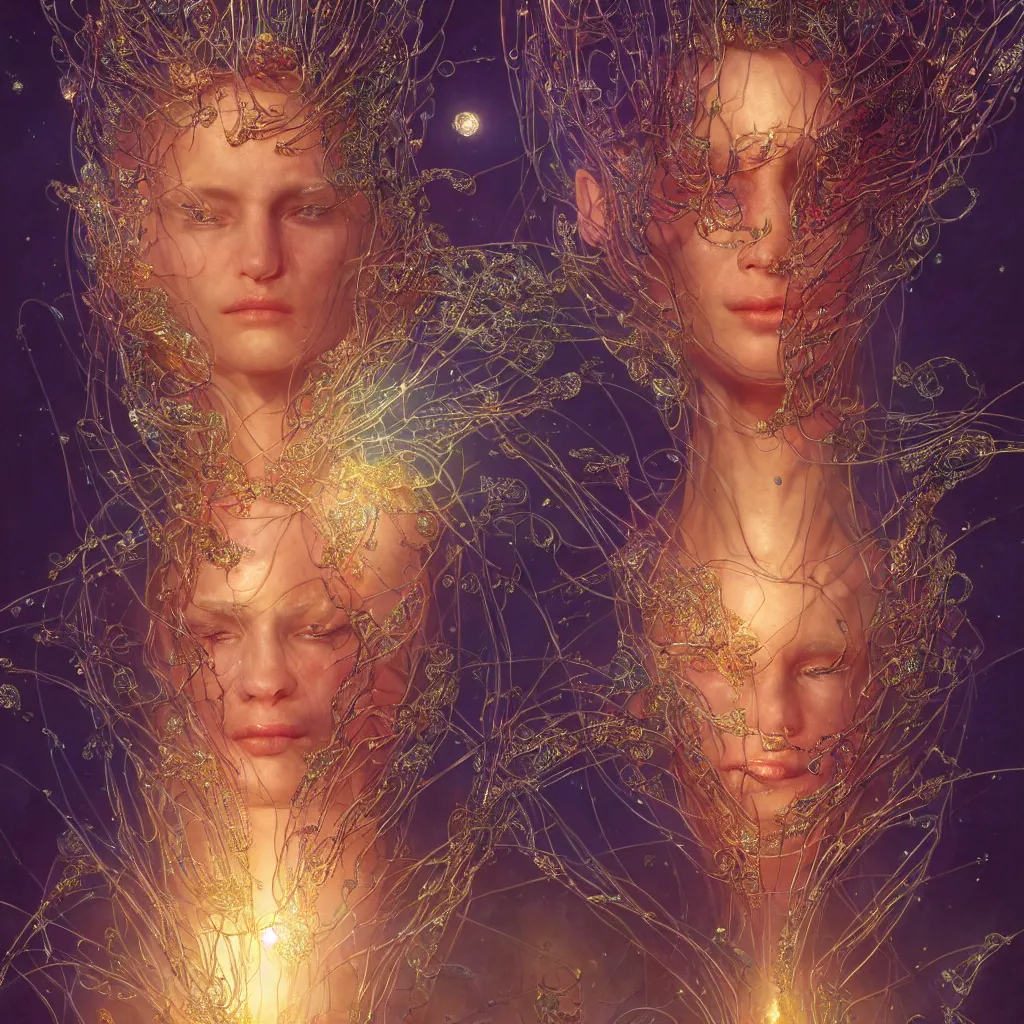 Image similar to extremely detailed cinematic movie still full body shot of 2 1 years old artist hyperreal skin face golden energy strings and neural networks art - nouveau style with sparkling crystals by denis villeneuve, wayne barlowe, simon birch, marc simonetti, philippe druillet, bright volumetric sunlight, rich moody colors, bokeh