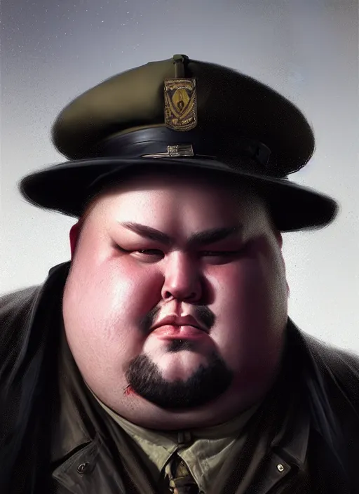 Prompt: portrait of a fat man wearing a a trenchcoat and a military cap, victorian, concept art, detailed face, fantasy, close up face, highly detailed, cinematic lighting, digital art painting by greg rutkowski
