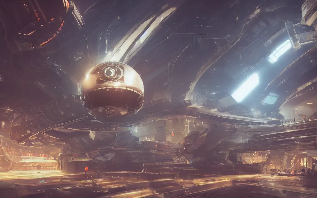 Image similar to large teleporter in space inside a bustling space market, concept art, digital art, illustration, sharp focus, octane render, trending on artstation