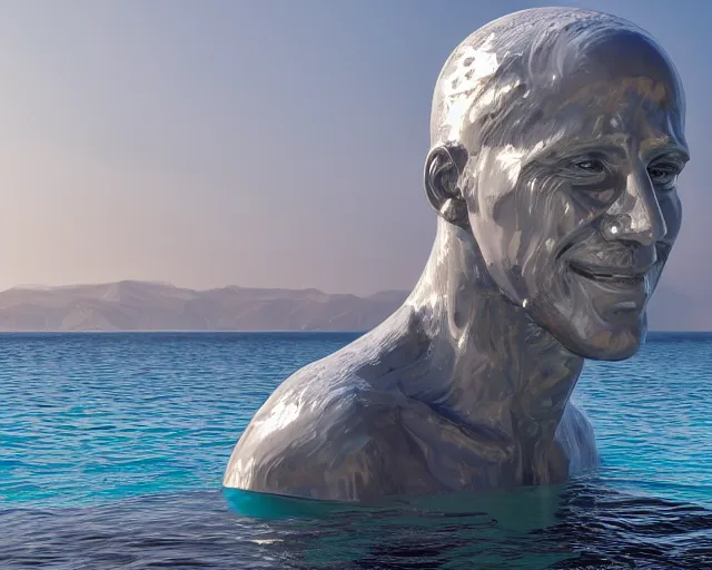 Image similar to a giant sculpture made out of of gelatin in a human head shape, on the surface of the ocean, in the style of chad knight, long shot, hyper detailed, hyper realistic, ray tracing, 8 k resolution, sharp focus, realistic water, award winning sculpture