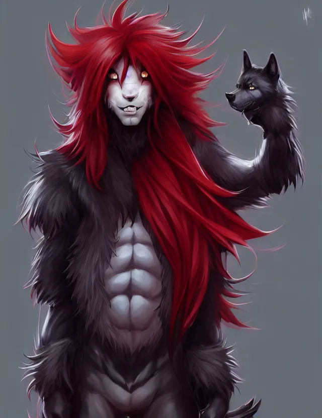 Image similar to character concept art of a black anthropomorphic male furry wolf long red hair | | cute - fine - face, pretty face, key visual, realistic shaded perfect face, fine details by stanley artgerm lau, wlop, rossdraws, james jean, andrei riabovitchev, marc simonetti, and sakimichan, trending on artstation