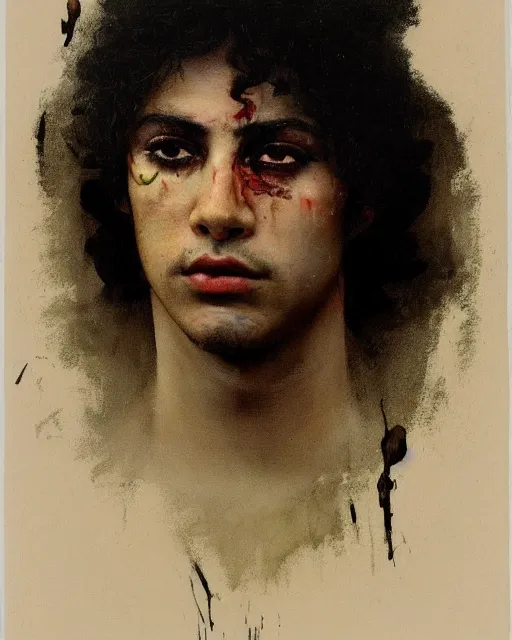 Image similar to a beautiful but sinister ethnically ambiguous young man in layers of fear, with haunted eyes and wild hair, 1 9 7 0 s, seventies, woodland, a little blood, wildflowers, moonlight showing injuries, delicate embellishments, painterly, offset printing technique, by brom, robert henri, walter popp