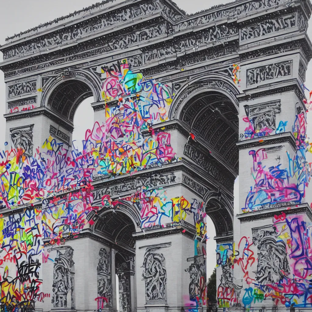 Image similar to photorealistic, arc de triomphe full of graffiti