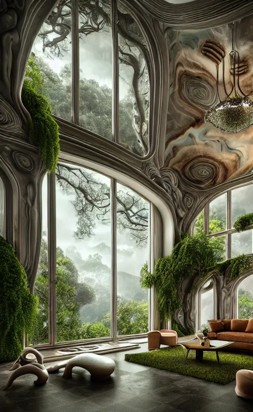 Image similar to highly detailed villa natural beautiful light interior soft cinematic composition of a smooth ceramic porcelain biomorphic magnolia stone nebula fluid sci - fi surreal colorful architecture landscape, furniture, granite, trees, marble, moss, lichen, fungi, vincent callebaut composition, mamou - mani, archviz, 8 k, unreal engine, hdr