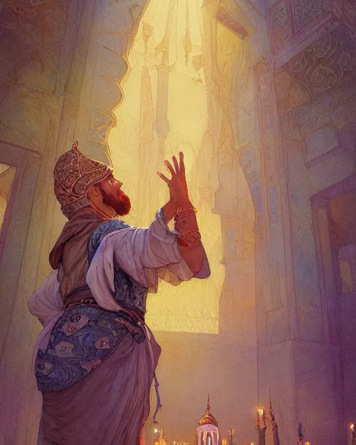 Prompt: male bedouin in the desert worshipping in the mosque, highly detailed, gold filigree, romantic storybook fantasy, soft cinematic lighting, award, disney concept art watercolor illustration by mandy jurgens and alphonse mucha and alena aenami, pastel color palette, featured on artstation