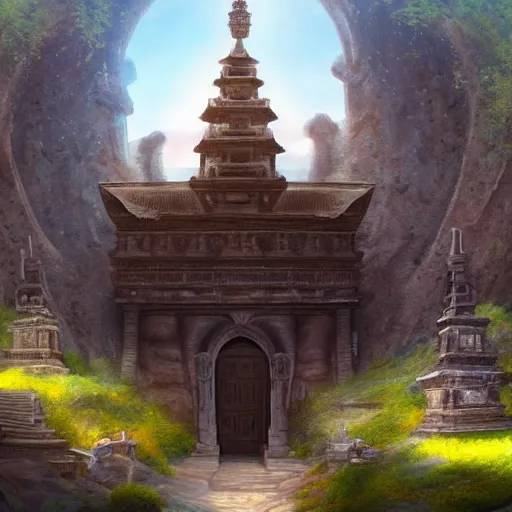 Prompt: a lone traveler exploring giant temples with large doors, mysterious statues, fantasy art