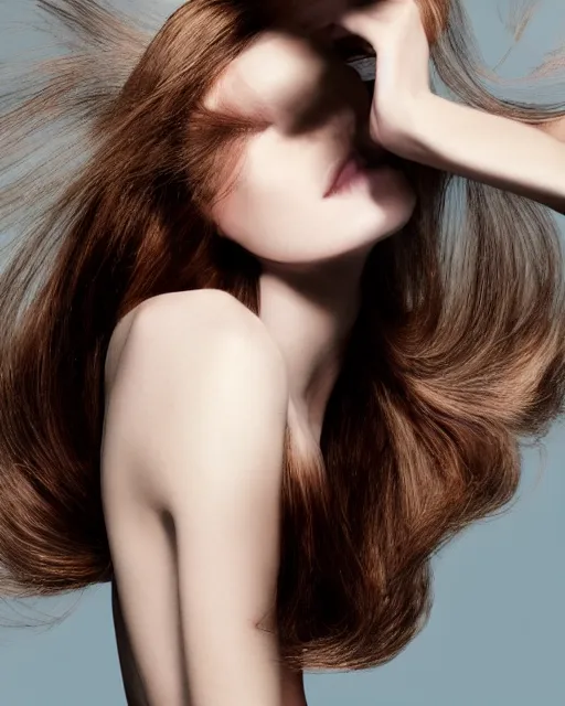 Prompt: model in light clothing doing a dynamic Pantene hair flip, color interference, high fashion photograph, perfect porcelain skin, By Steven Meisel, WLOP, Felipe Pantone